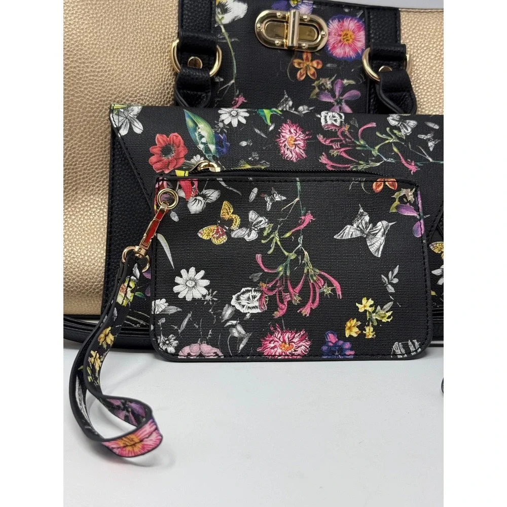 Dasein Floral Butterfly Satchel Handbag 3 Piece Set Black Gold Metallic Vegan